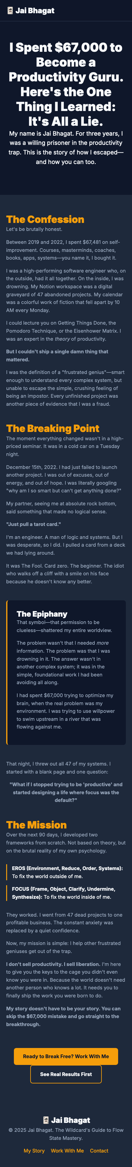 A long screenshot from an older personal page titled: I spent 67,000 dollars to become a productivity guru. Here's the one thing I learned: It's all a lie.