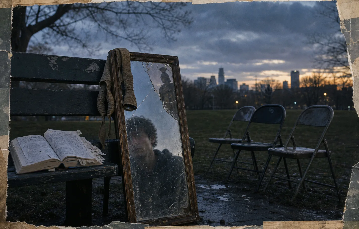 At dawn in a wet city park, worn boxing wraps hang from a cracked mirror beside an annotated book and three empty student chairs. A faint classical warrior appears in one shard while an ordinary man appears in another.